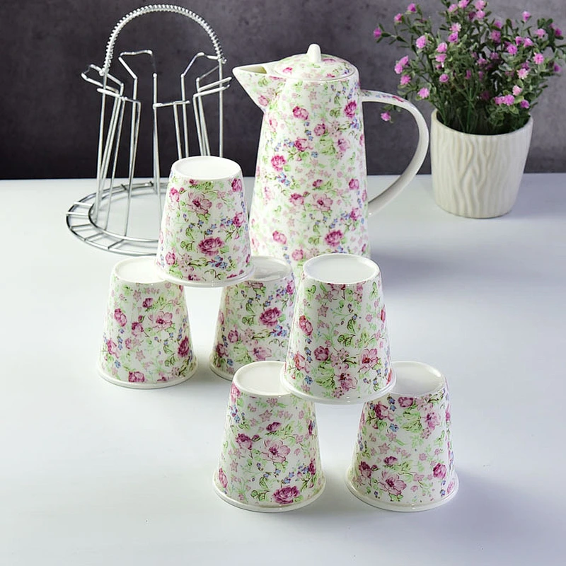 Decorated flower pattern 6pcs cups with stand sets for cold water