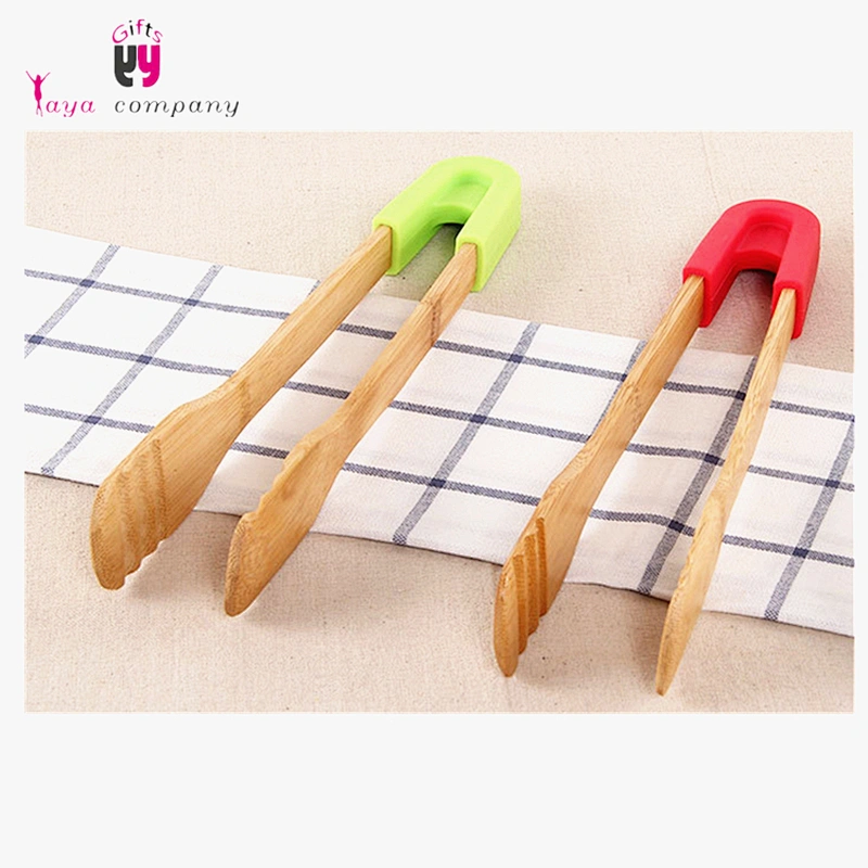Kitchen Cooking Tools Wood Silicone Handle BBQ Food Tong
