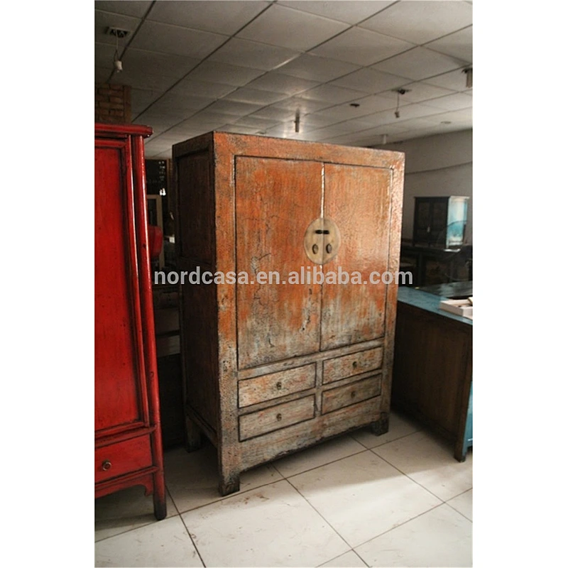 2 door 4 drawer wardrobe in old frame with new high glossy in orange shiny finish chinese antique asian old furniture cabinet