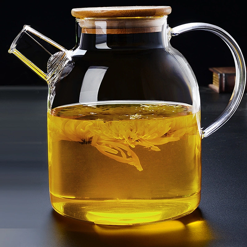 High quality glass water bottle 1.8L big capacity glass handle and bamboo cover cup