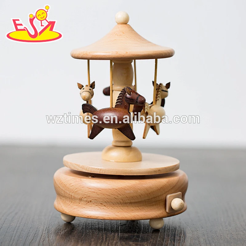 wholesale Customized cartoon wooden carousel music box natural color wood carousel music box W07B039