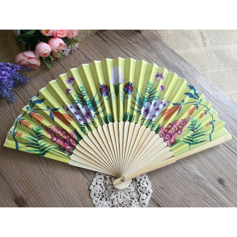 Portable Flower dacron Folding Hand Favour Fan Bamboo Craft Ladies Fans