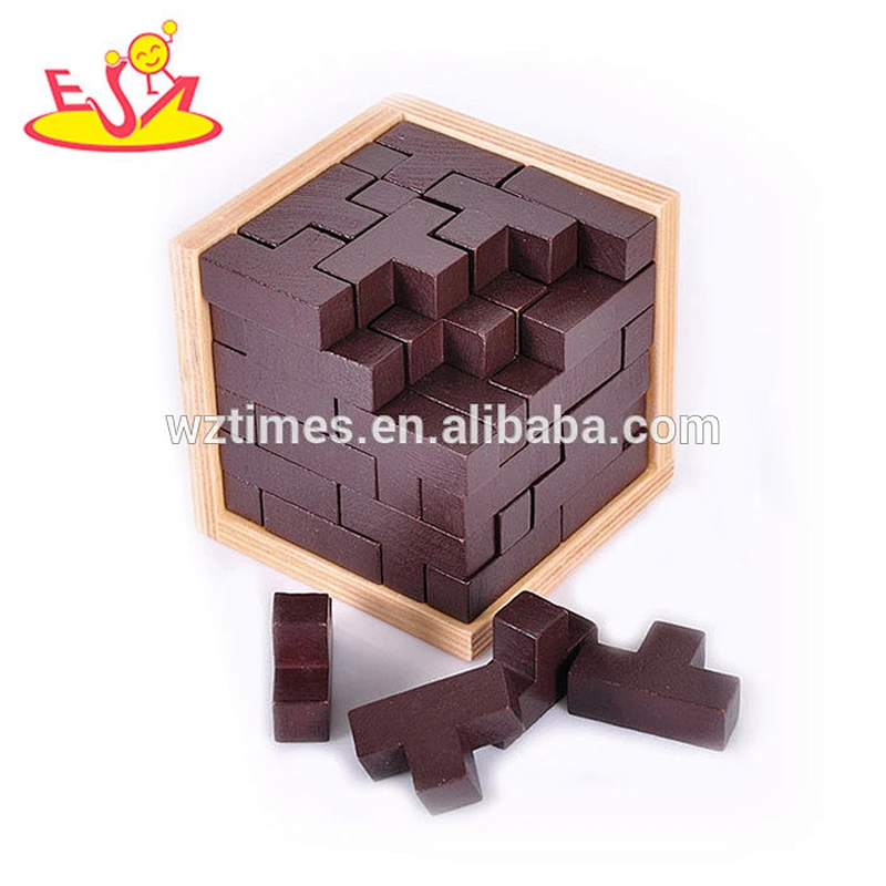 Wholesale educational brain teaser wooden unlocked 3d cube puzzle toy for kids W11C027