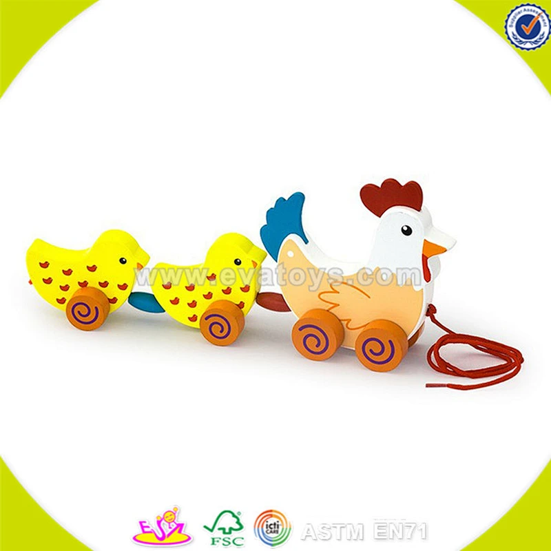 Wholesale lovely wooden drag toy cute wooden drag hen and chicks toy toddler wooden drag toy for fun W05B097