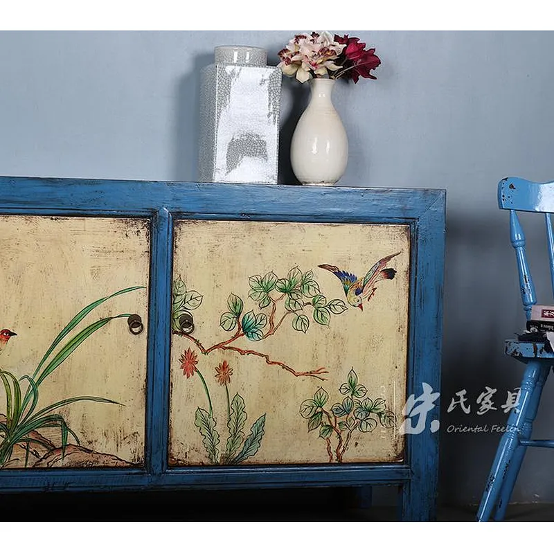 Chinese antique reproduction furniture China antique chinese vintage style solid wood blue three door box with shelf cabinet