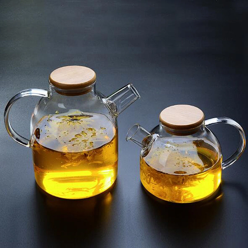 2019 Crystal glass tea bottle with wooden plug 1000ml flower teapot