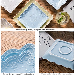 Wholesale Creative Japanese Relief Creative Square Plate Ceramic Disc Bread Dessert Plate Custom Logo Tableware Tray 8 inch