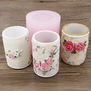 INS Style Rose Flowers Surround Pen Brush Pot Silicone Molds for Plaster Concrete