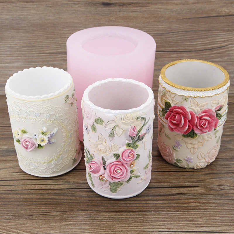 INS Style Rose Flowers Surround Pen Brush Pot Silicone Molds for Plaster Concrete