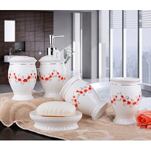Free Sample Five Piece Set Ceramic  Bathroom Set With Beautiful Emboss For Home And Hotel