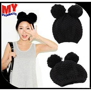 Adults black animal ear acrylic pom pom knitted winter hats