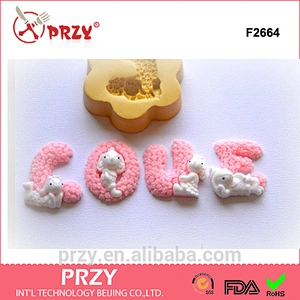 F2664 LOVE Letters Complete Word with Bunny Rabbits on each letter Silicone Rubber Flexible Food Safe Mold Mould