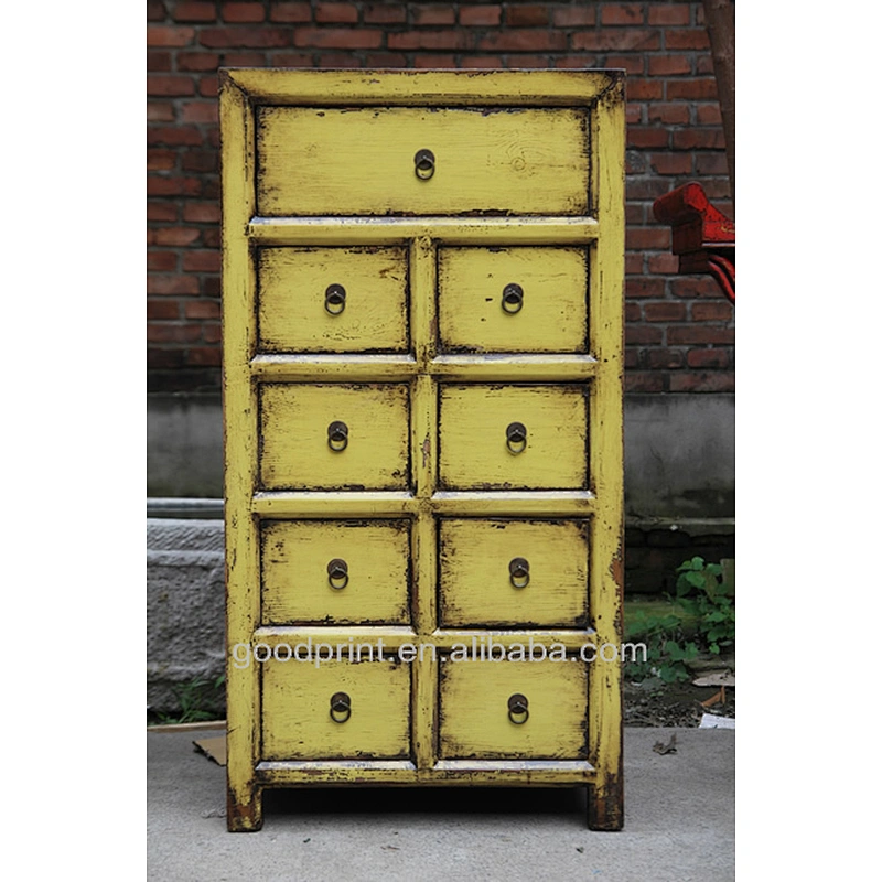 Chinese Antique Nine Drawer Yellow Cabinet