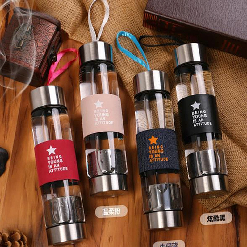 Factory Direct Wholesale Glass Bottle Water Glass Cup with Infuser 450ml Double Wall Glass Mug for Office Home Use