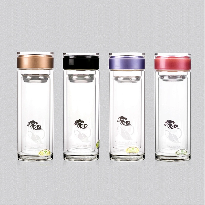Top grade gift-box double wall glass cup logo custom with strainer