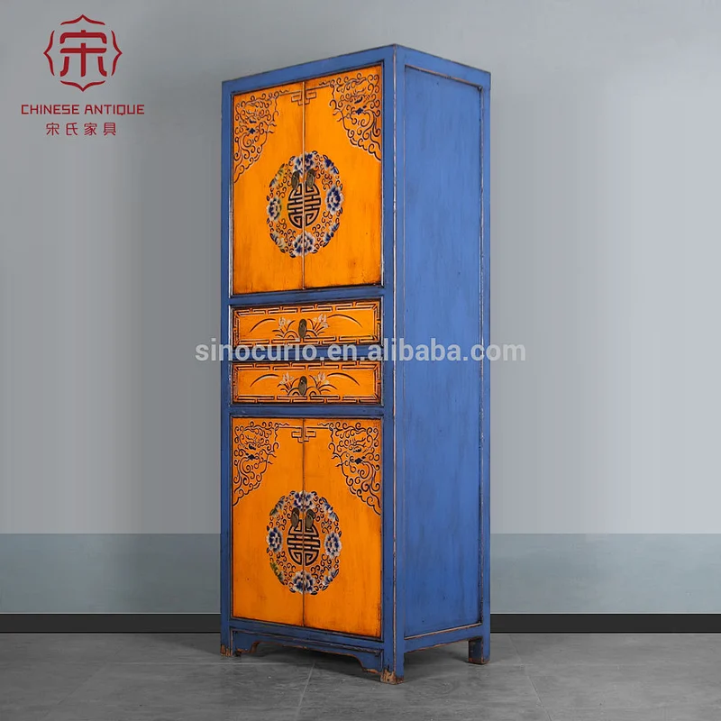 Chinese Factory Wholesale Antique Furniture Tibetan Painted Wardrobe Cabinet