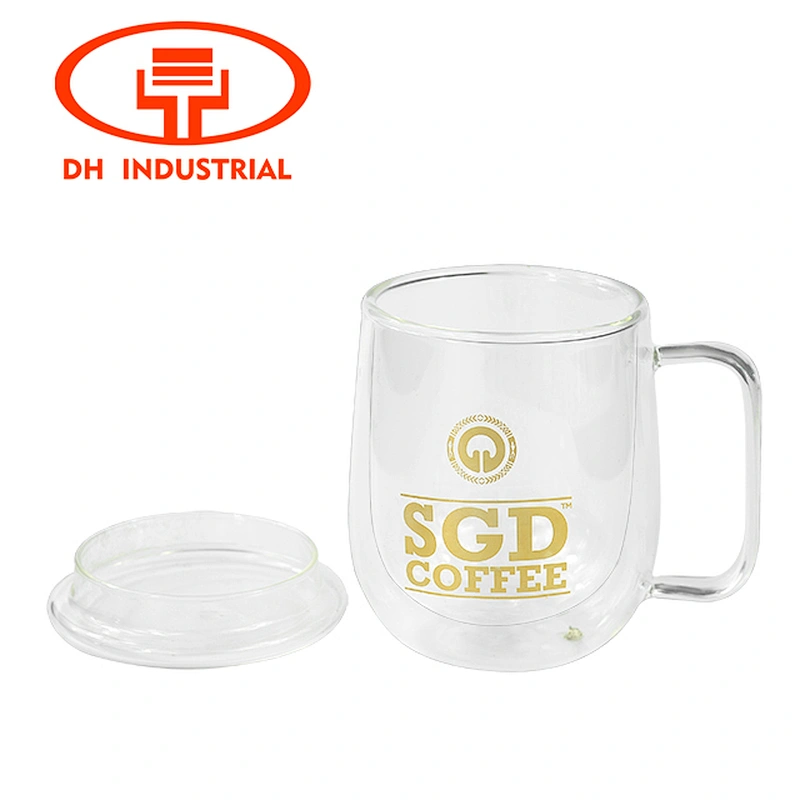 2018 High Borosilicate Double Wall Glass Coffee Cup Customized Logo Glass Water Mug with Lid and Handle