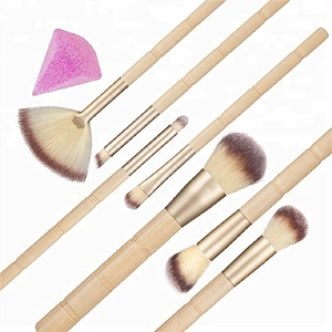 Custom Logo Bamboo Handle 7pcs Makeup Brush Set With Silicon Makeup Sponge Puff