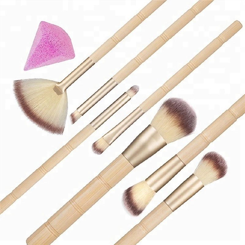 Custom Logo Bamboo Handle 7pcs Makeup Brush Set With Silicon Makeup Sponge Puff