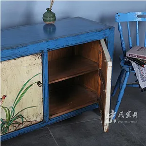Chinese antique reproduction furniture China antique chinese vintage style solid wood blue three door box with shelf cabinet