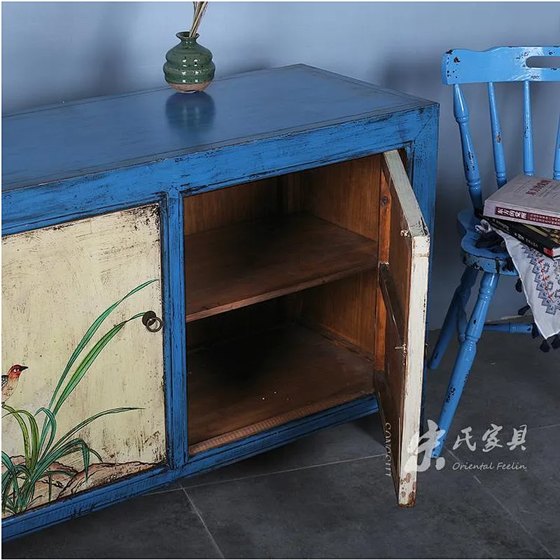 Chinese antique reproduction furniture China antique chinese vintage style solid wood blue three door box with shelf cabinet