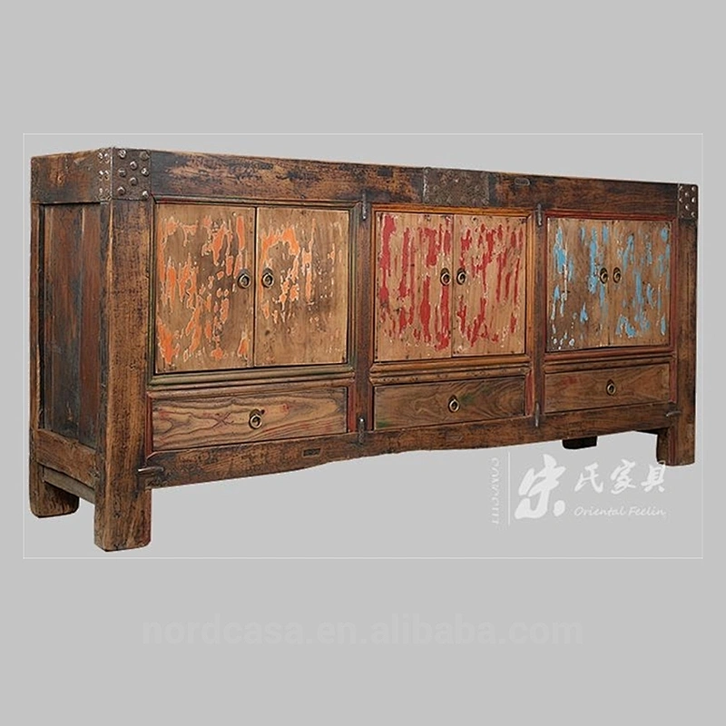 chinese antique style 3 drawer 6 door hand painting reclaimed elm wood buffet
