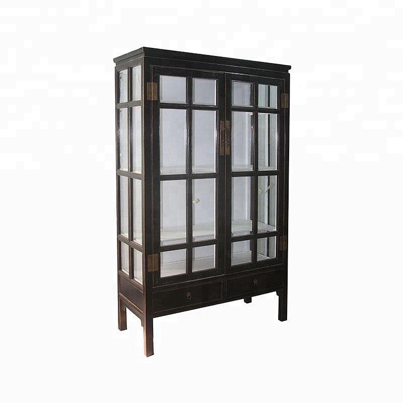 chinese antique lacquer wooden storage bookcase furniture with clear glass door