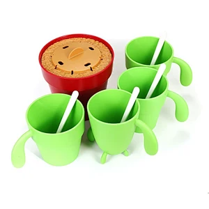 Mugs & Spoon Set 4-piece for Drinking Coffee / Tea / Beverage, Creative Cactus Shape, Plastic Stacking Small Cups Mugs for Cute