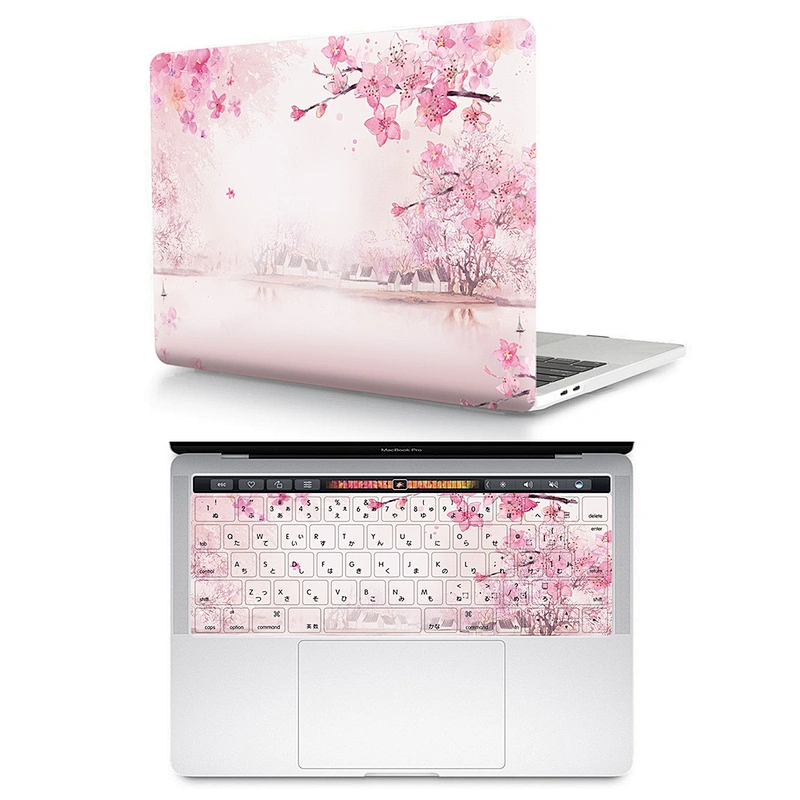 2 In 1 Cherry Blossom clear plastic case custom laptop case pu and Silicone Keyboard Protector for Mac Pro Touch Bar