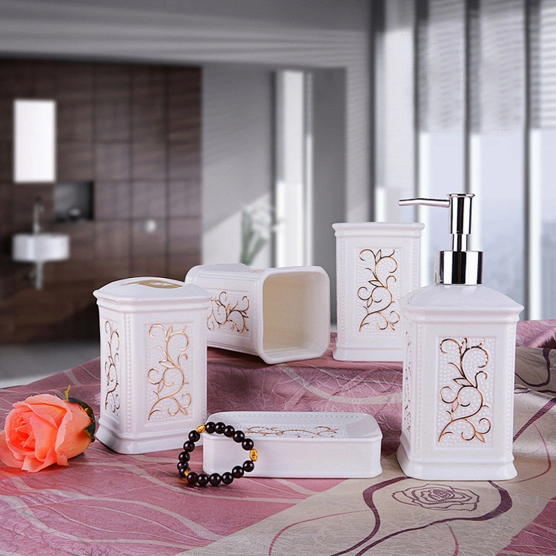 Home Porcelain Toilet Set China Supplier in-stock Toothbrush and Gargle Cup Fashion 5pcs Ceramic Bathroom Set