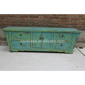 chinese antique reproduction furniture two door four drawer old pine made Blue White Green TV cabinet