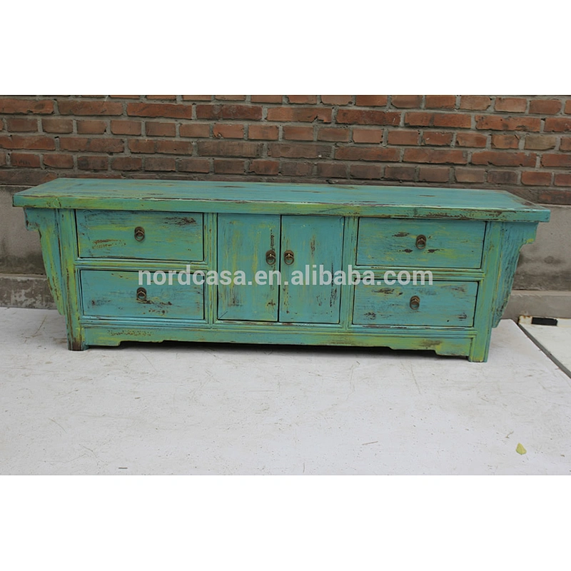chinese antique reproduction furniture two door four drawer old pine made Blue White Green TV cabinet