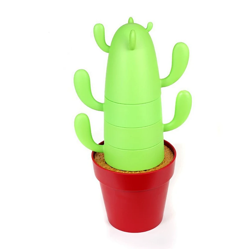 Mugs & Spoon Set 4-piece for Drinking Coffee / Tea / Beverage, Creative Cactus Shape, Plastic Stacking Small Cups Mugs for Cute