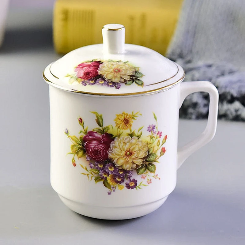 Cheap Price Promotional Tea Cup with Lid Flower Picture Ceramic Coffee Cup China Supplier Hot Sale Porcelain Coffee Mug