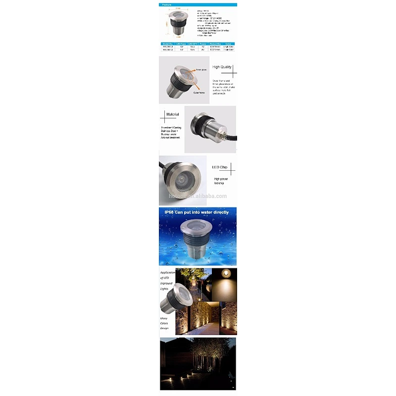 Waterproof IP68 Stainless Steel 1W 3W Inground Pool Light