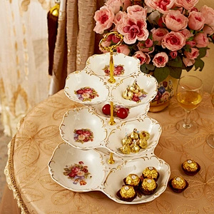 European Ceramic three layers of fruit plate three continuous with gold crown