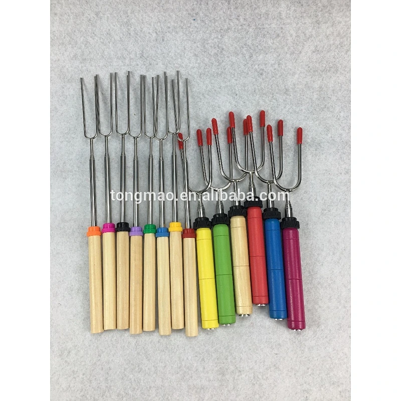 34 inch wooden Multi colored handle telescoping BBQ GRILL fork