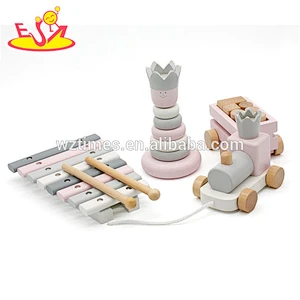 Wholesale pretty wooden educational toy contains of wooden xylophone toy&stacking blocks and pull train toy for kids W12F031