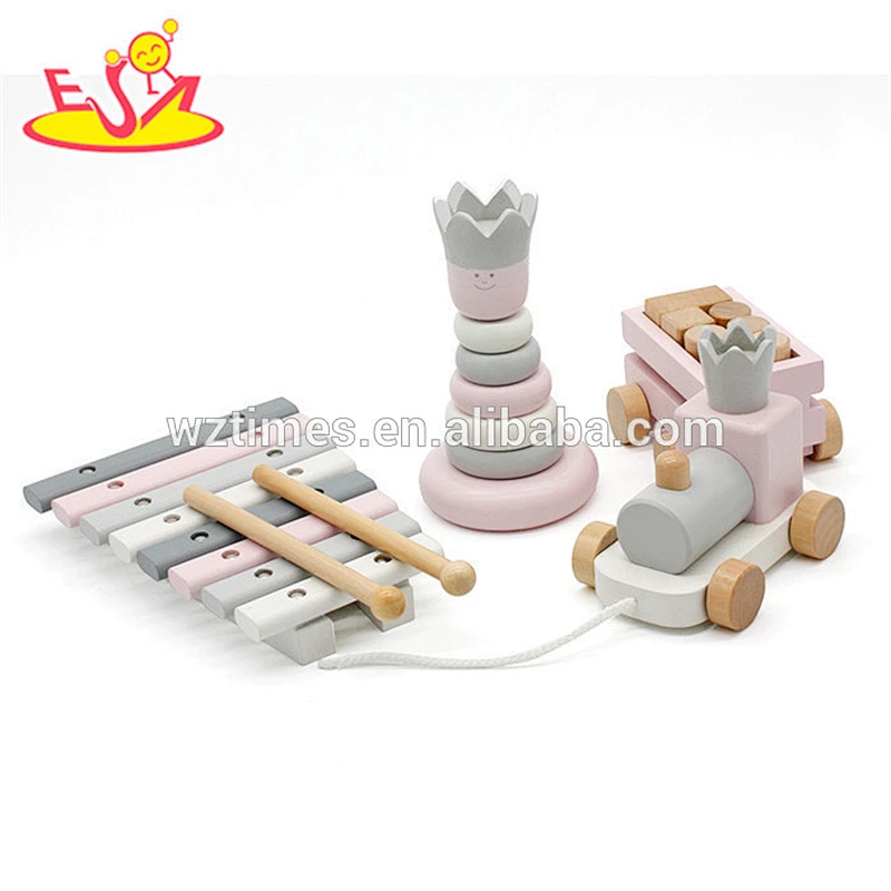 Wholesale pretty wooden educational toy contains of wooden xylophone toy&stacking blocks and pull train toy for kids W12F031