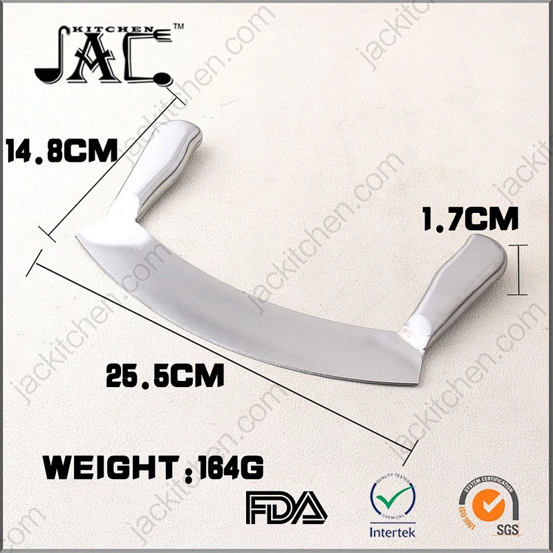 Hot Stainless Steel Double Handle Crescent Chopper Blade Mezzaluna Knife