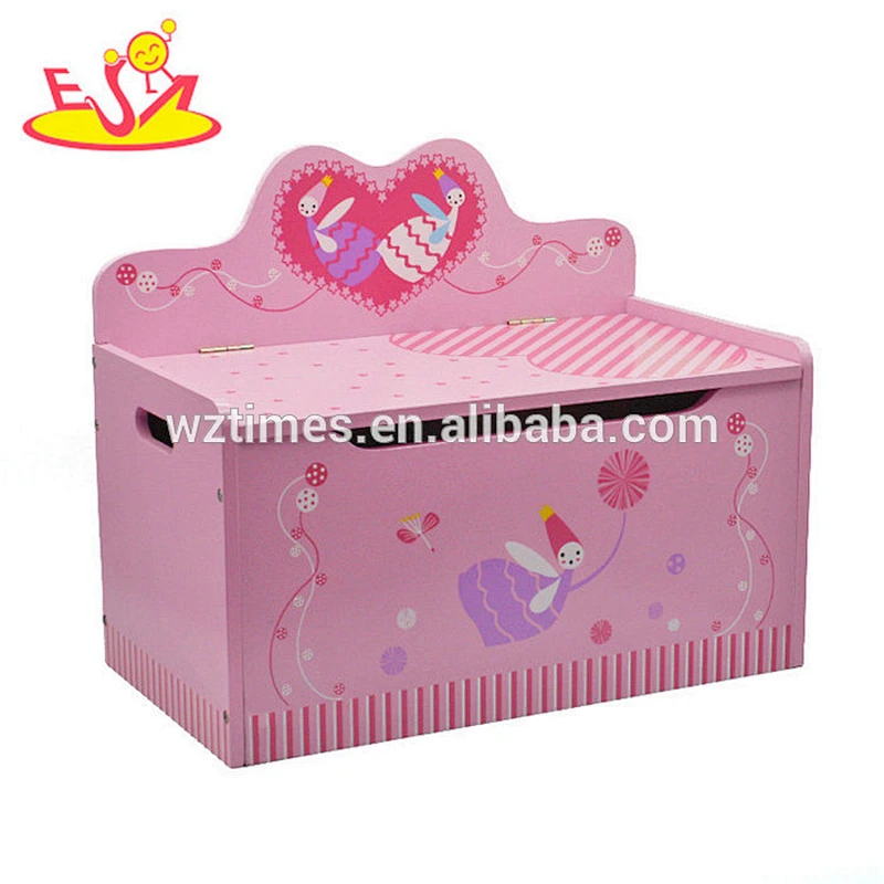 Wholesale pretty bedroom furnitures pink wooden storage box chair for baby W08C008
