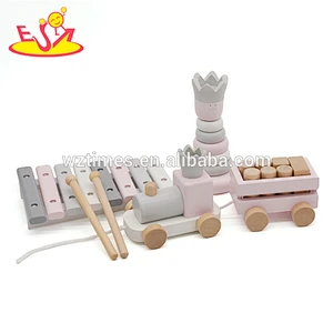 Wholesale pretty wooden educational toy contains of wooden xylophone toy&stacking blocks and pull train toy for kids W12F031