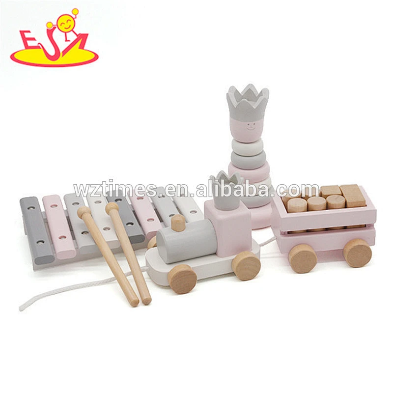 Wholesale pretty wooden educational toy contains of wooden xylophone toy&stacking blocks and pull train toy for kids W12F031