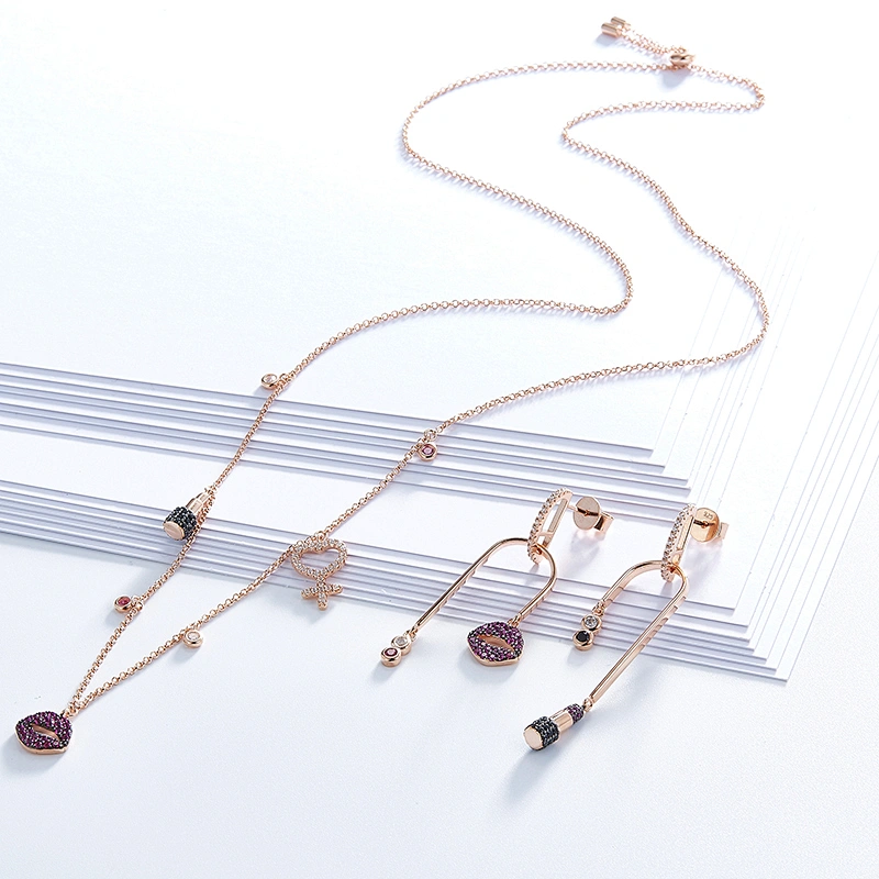 Fashion lips trinkets necklace,925 silver inlay zircon,