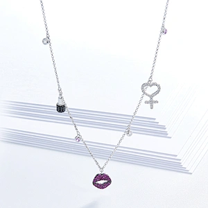 Fashion lips trinkets necklace,925 silver inlay zircon,