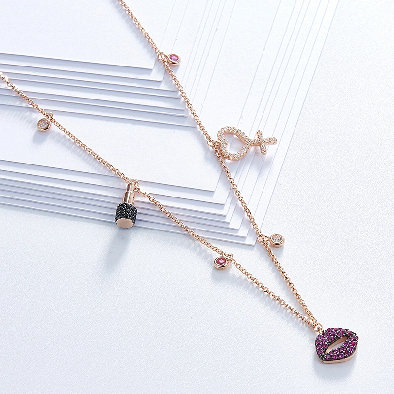 Fashion lips trinkets necklace,925 silver inlay zircon,