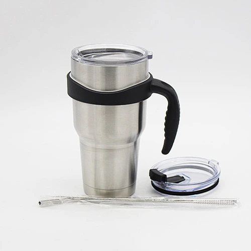 30oz double wall vacuum insulated stainless steel tumbler with single ring/double ring handle, sealed lid and slide lid, stainless steel straw and brush, silicone tip