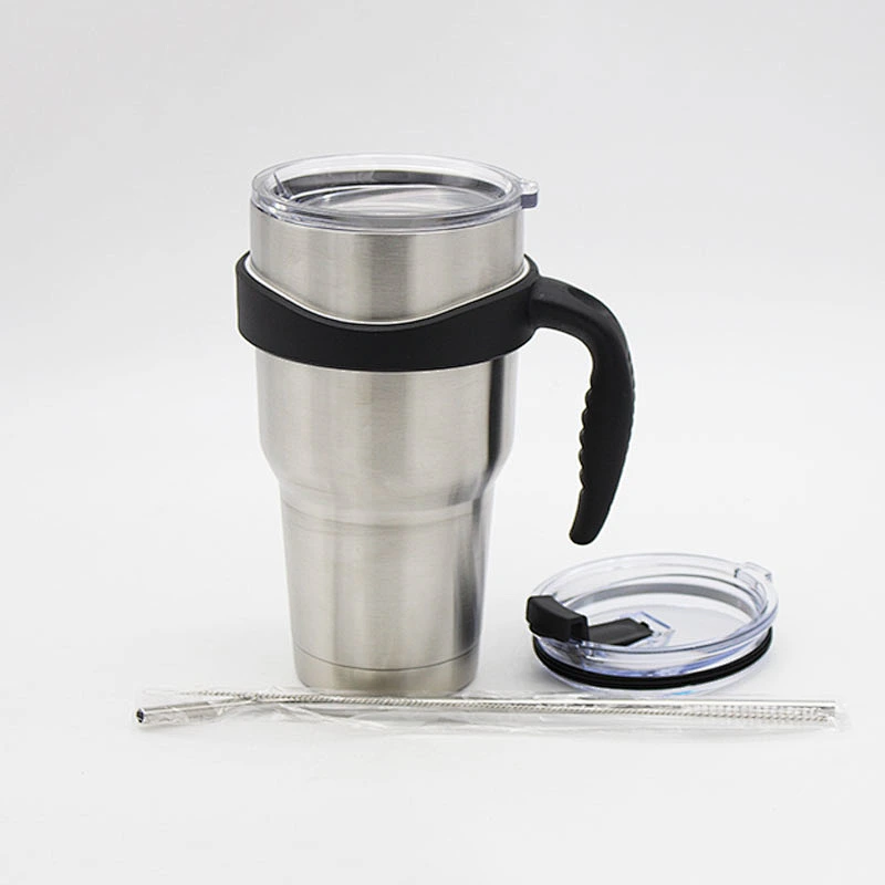 30oz double wall vacuum insulated stainless steel tumbler with single ring/double ring handle, sealed lid and slide lid, stainless steel straw and brush, silicone tip
