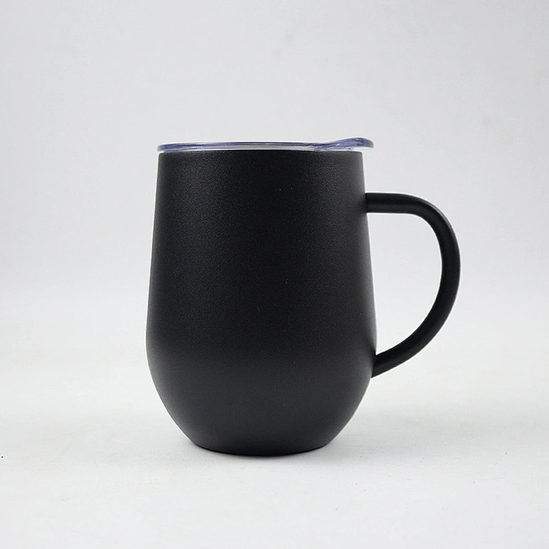 12oz double wall vacuum insulated stainless steel egg shape black painting color mug with handle and cover