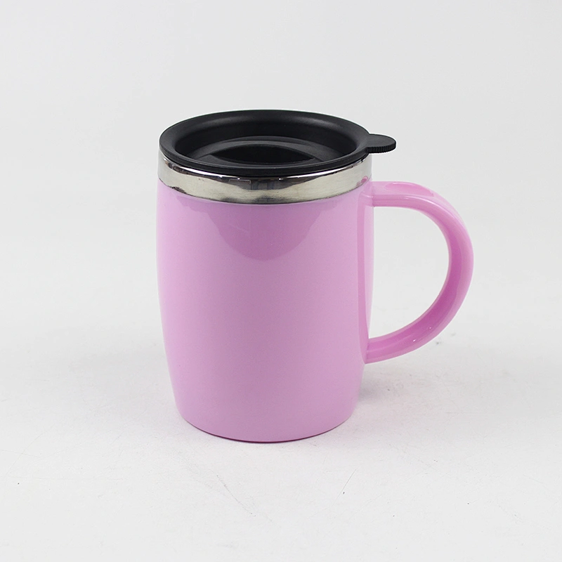 450ml plastic outer stainless steel inner coffee mug with handle and lid